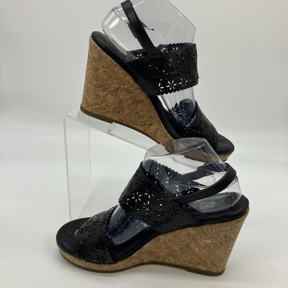 Walking Cradles Shoes - Walking Cradles Sandals 9 W Black Leather Cork Wedge Slingback Shoes Ankle Strap